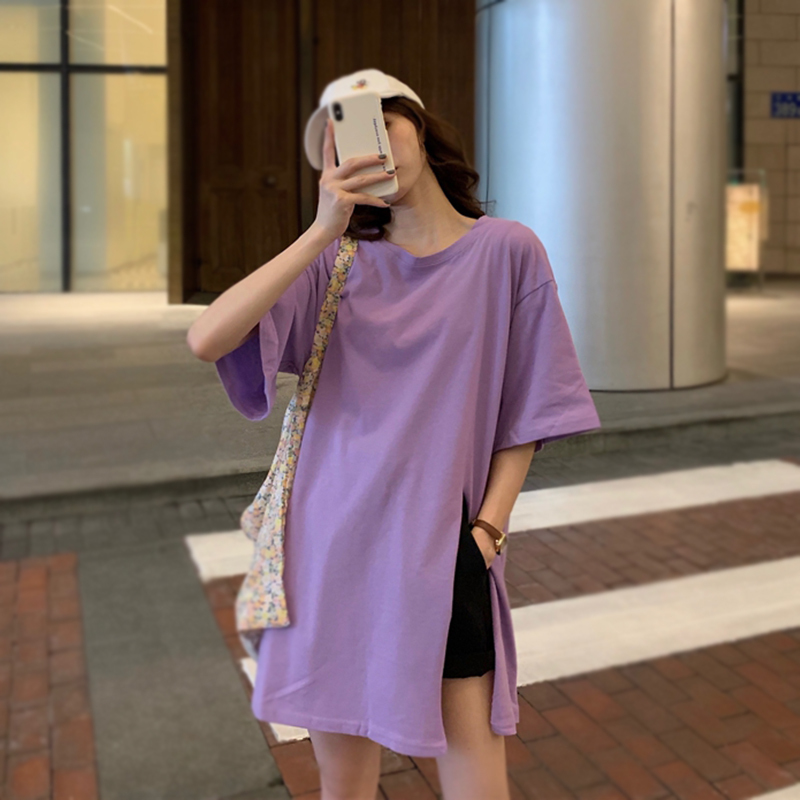 艳如飞夏上衣韩版紫色侧开叉t恤女欧货棉大码白体桖黑色短袖宽松衩潮