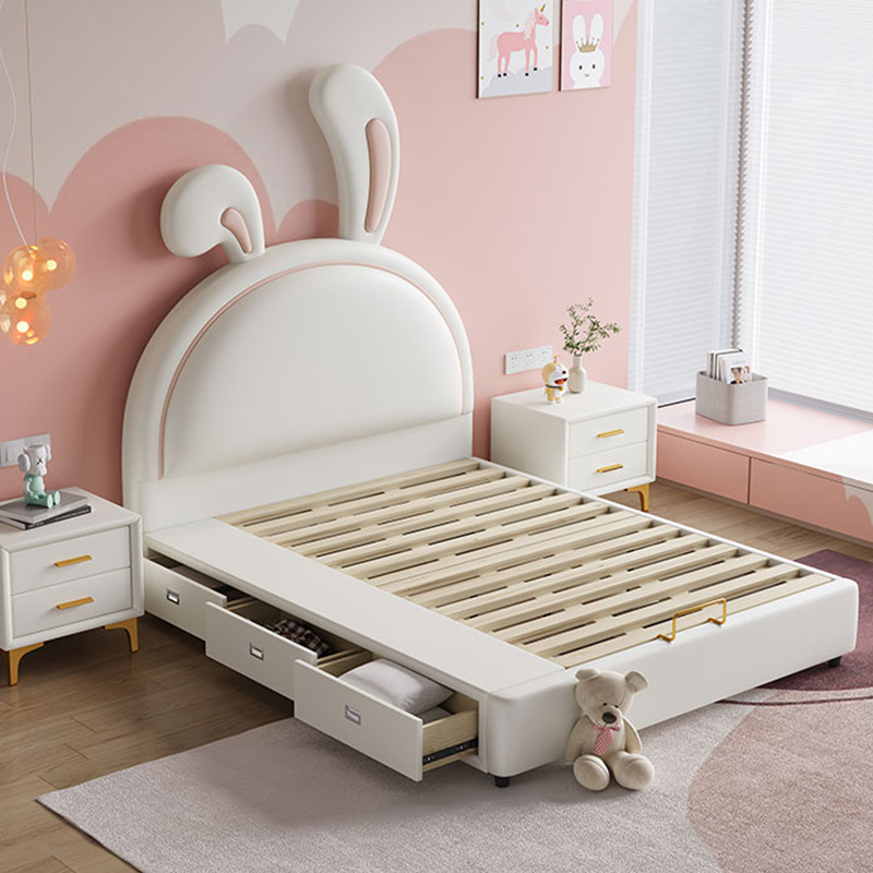 兰秀家居 儿童床兔子卡通小户型双人床现代简约实木带储物女孩粉色