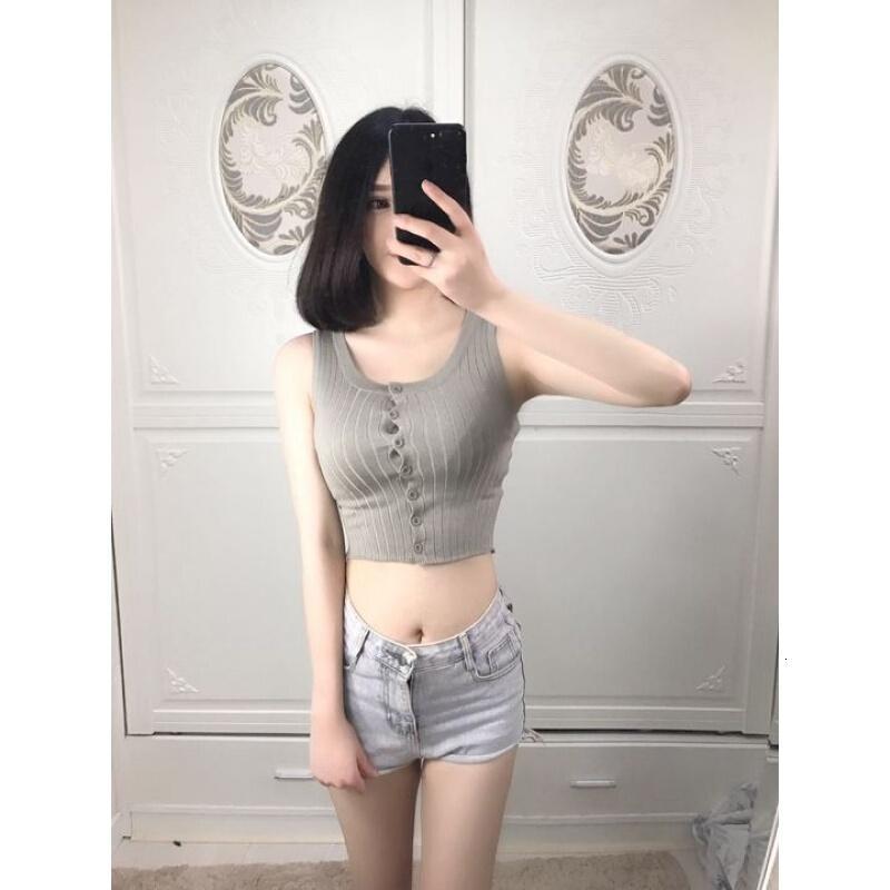 开襟单排针织背心低胸高腰露脐打底衫坑条线上衣灰均