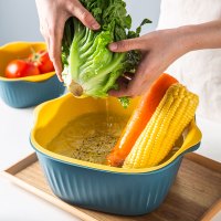 塑料沥水篮厨房洗菜筐淘米篮水果盆收纳篮洗菜盆 北欧双层沥水篮6件套