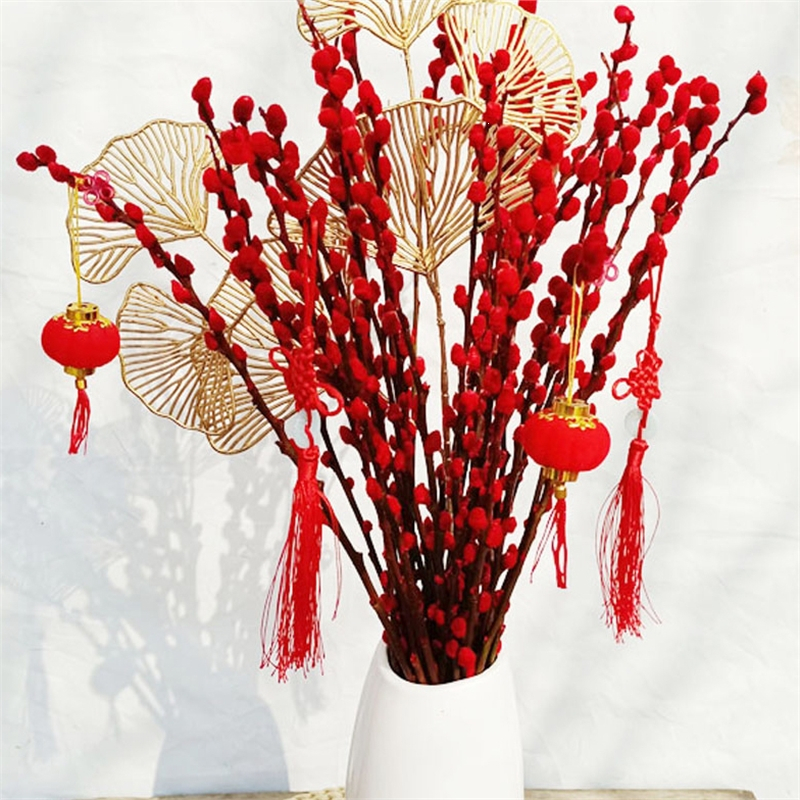 花知趣银柳真花鲜枝水培花卉盆栽红色福桶银柳套装带盆春节年宵装饰