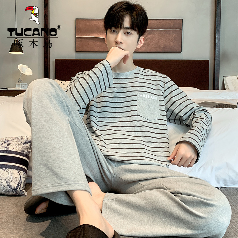 啄木鸟2025年新款男士家居服春秋季舒适纯棉长袖长裤冬夏天睡衣新高清大图
