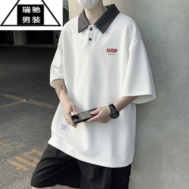 希杰狮王美式复古男生短袖翻领polo衫夏季痞帅正肩衬衫领T恤