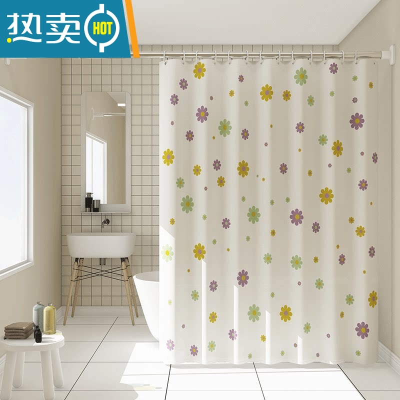 敬平卫生间加厚浴帘布浴室防水浴帘套装免打孔浴室门帘浴帘防水布 田园小花超强防水防霉+欧盟环 宽200高200+伸缩130-240杆+环
