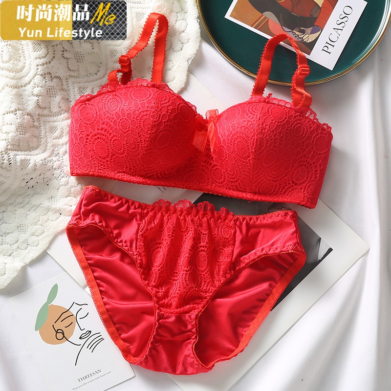 yunwuxin红色内衣女小胸聚拢无钢圈蕾丝性感文胸套装新娘结婚本命年