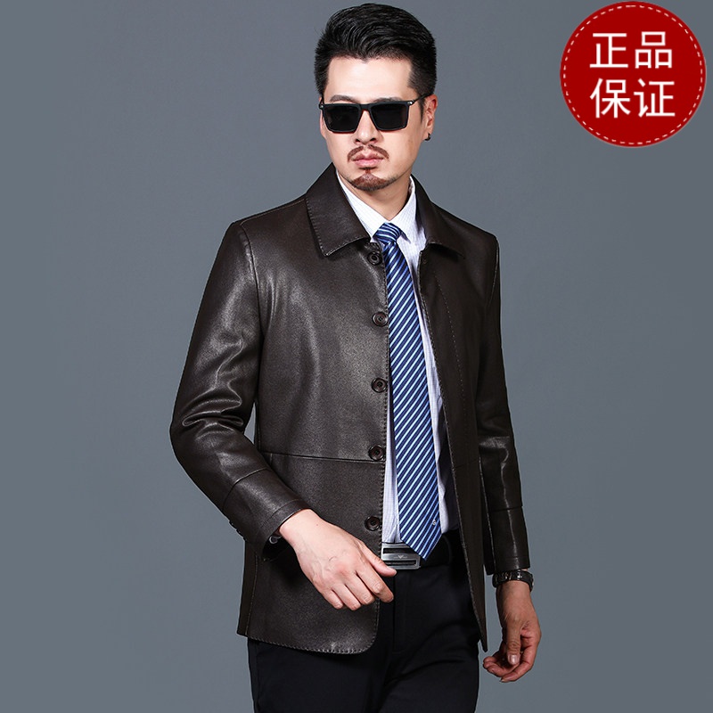 免费试穿男皮衣秋款上衣翻领暗襟扣子款外套时尚休闲中年男装皮夹克PU皮2021冬装新款外套_338 175 棕色