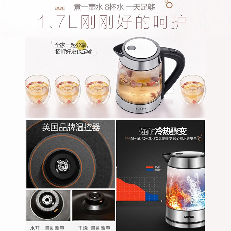 苏泊尔(SUPOR)电水壶 高硼硅玻璃电热水壶 家用烧水壶热水壶开水壶 可视化烧水品牌温控器自动断电 SWF17E26A高清大图