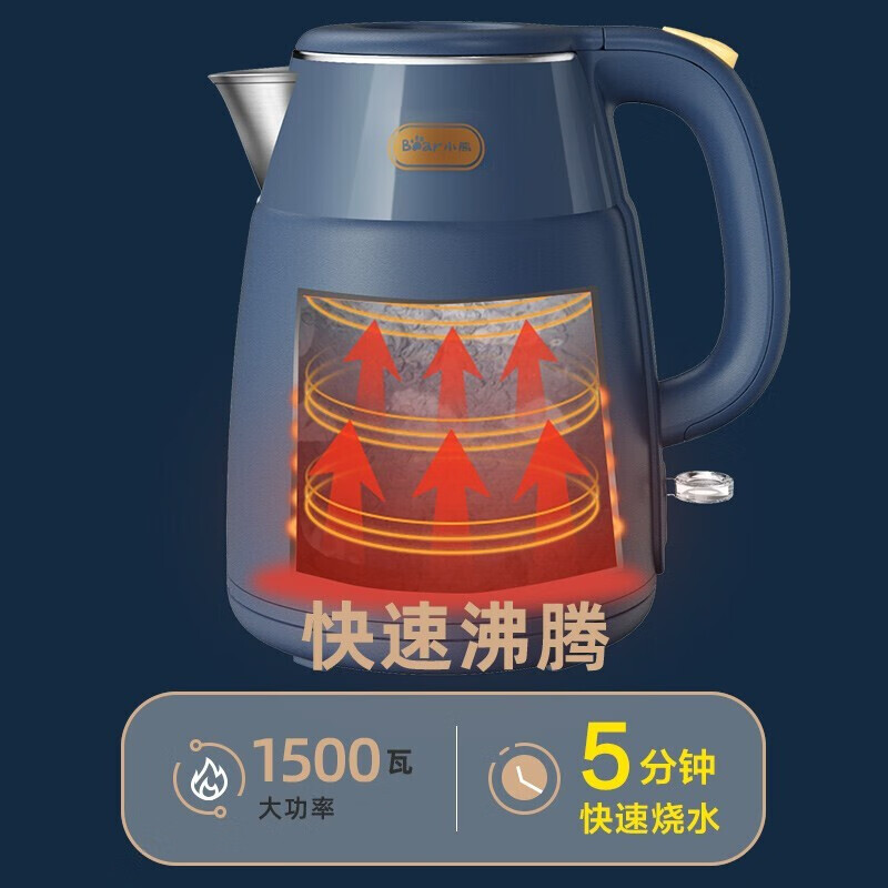 小熊(Bear) 电水壶热水壶电热水壶304不锈钢1.5L家用暖水壶开水壶烧水壶 复古蓝丨ZDH-Q15H2高清大图
