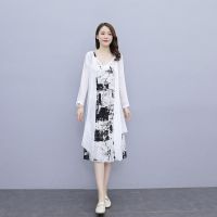 春夏复古棉麻加肥加大码女装200斤胖mm水墨背心+开衫连衣裙 中长款蓝水墨[背心裙+开衫] M(建议80-100斤)