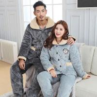 情侣睡衣男女士冬季三层加厚夹棉保暖法兰绒珊瑚绒灰色家居服套装