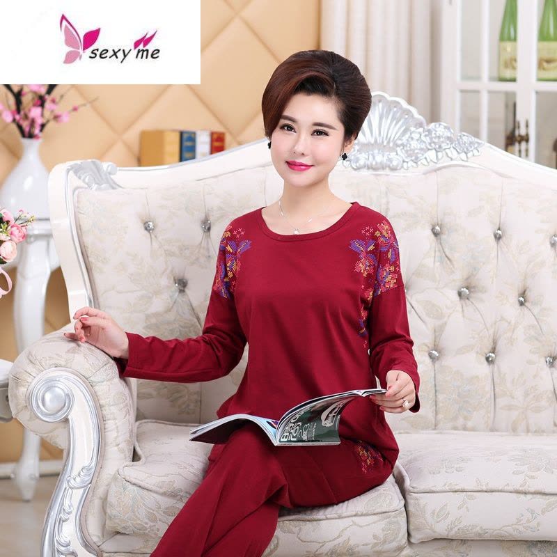 鱼篓(FISH BASKET)秋季新款女士长袖睡衣女中老年棉加大码休闲中年服套装图片