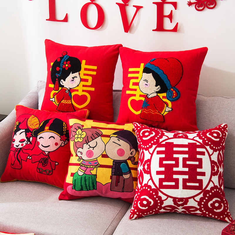 十字绣结婚新款沙发抱枕套新婚喜字靠垫客厅床头靠枕刺绣一对高清大图