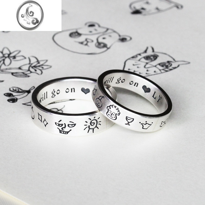 jimi涂鸦情侣对戒银银定制图案刻字母diy手工戒指男女小众设计七夕520