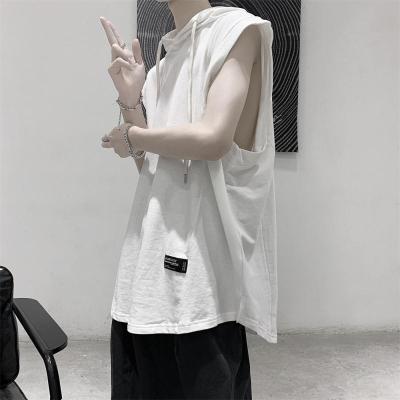 粉丝专选连帽背心男韩版潮流ins宽松无袖T恤潮牌个性时尚坎肩_白色纯色贴标背心_3XL