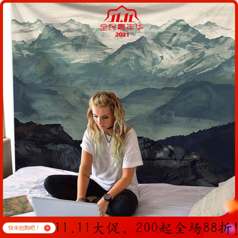 汐岩超大墙壁装饰挂毯海滩床头卧室宿舍遮挡背景布墙布北欧INS 图三绒布130高*150宽厘米（横款）