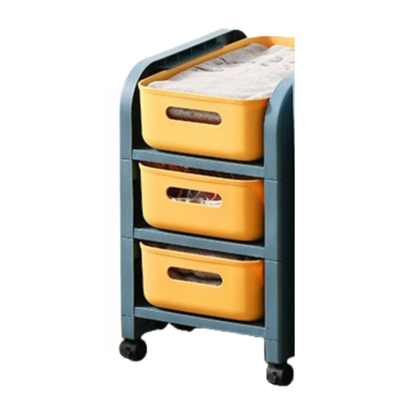 华普思多层置物架桌面资料整理柜家用客厅零食杂物收纳架宿舍桌下储物架蓝黄撞色913三层矮款(无轮子)