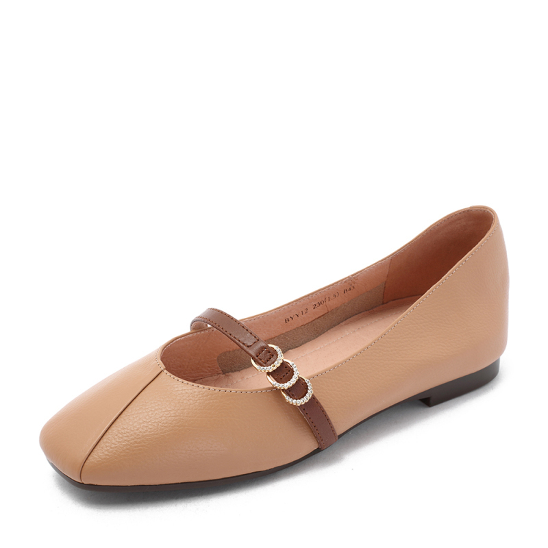 belle百丽专柜新款杏棕荔纹牛皮革玛丽珍方头女低跟13厘米平底单鞋byy