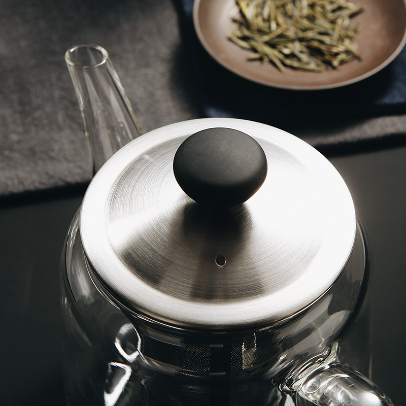 纯手工玻璃茶壶耐温加厚烧水壶电陶炉泡茶壶不锈钢家用茶壶|950ML壶+4个150ML杯+大茶盘(白或黑)