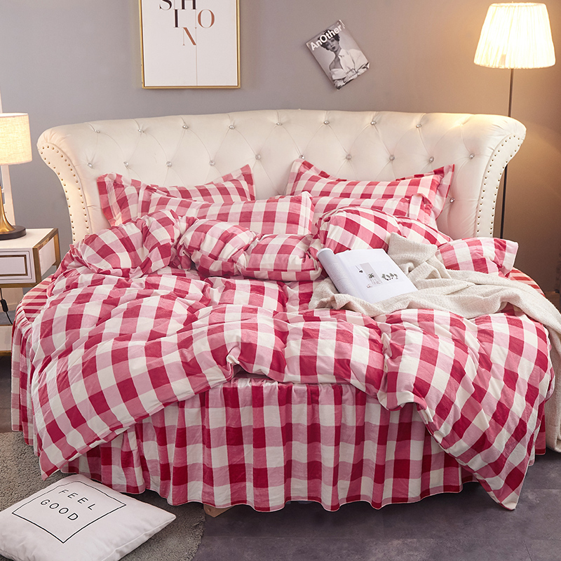 美帮汇圆床四件套冬天珊瑚绒床裙加厚保暖床笠款水晶绒毛绒公主床 欧式 美丽小挌-红格 床裙款：2.2×2.2米床用【被套2.2×2.4米】