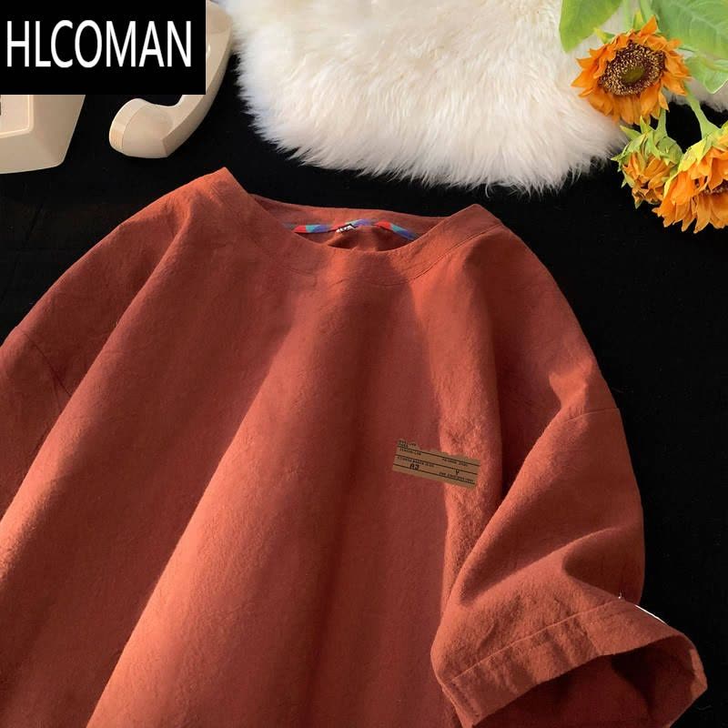 HLCOMAN杏色亚麻半袖速干男t恤棉麻圆领复古宽松短袖上衣服夏青少年图片
