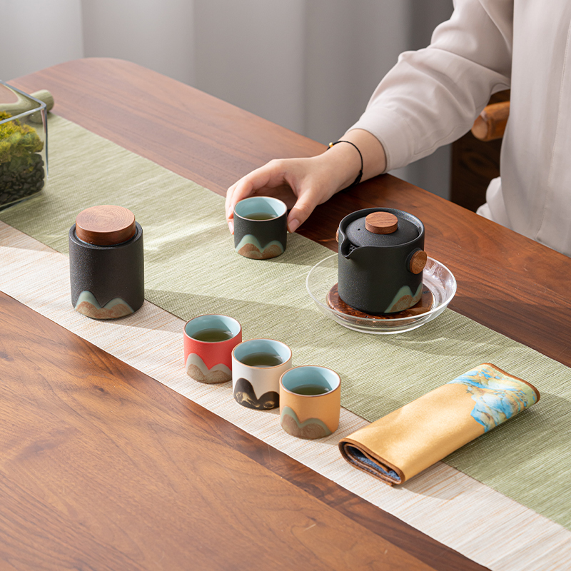 苏氏陶瓷(SUSHI CERAMICS)手绘釉画彩千里江山四色杯云舒壶套装禅黑文创伴手礼套组