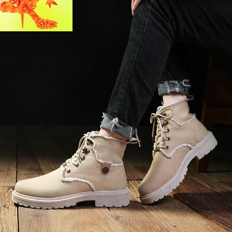 马丁靴男夏季英伦帆布高帮鞋夏天男工装靴子中帮男鞋宽版胖脚简畅