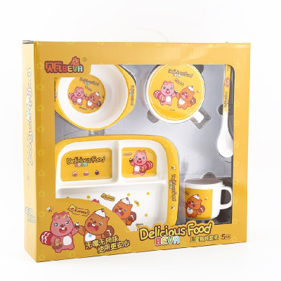 贝瓦儿童1-3岁宝宝用品可爱仿瓷密胺餐具套装碗盘子杯子勺子 5件套