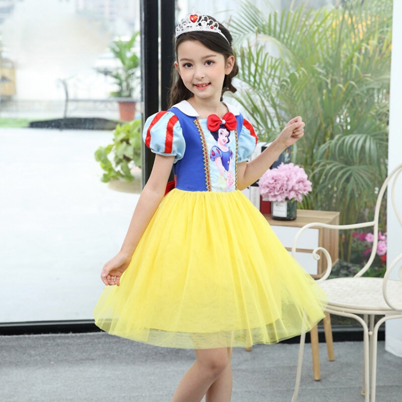 白雪公主裙夏季新款卡通中小女童装儿童网纱裙洋气连衣裙蓬蓬裙黄色