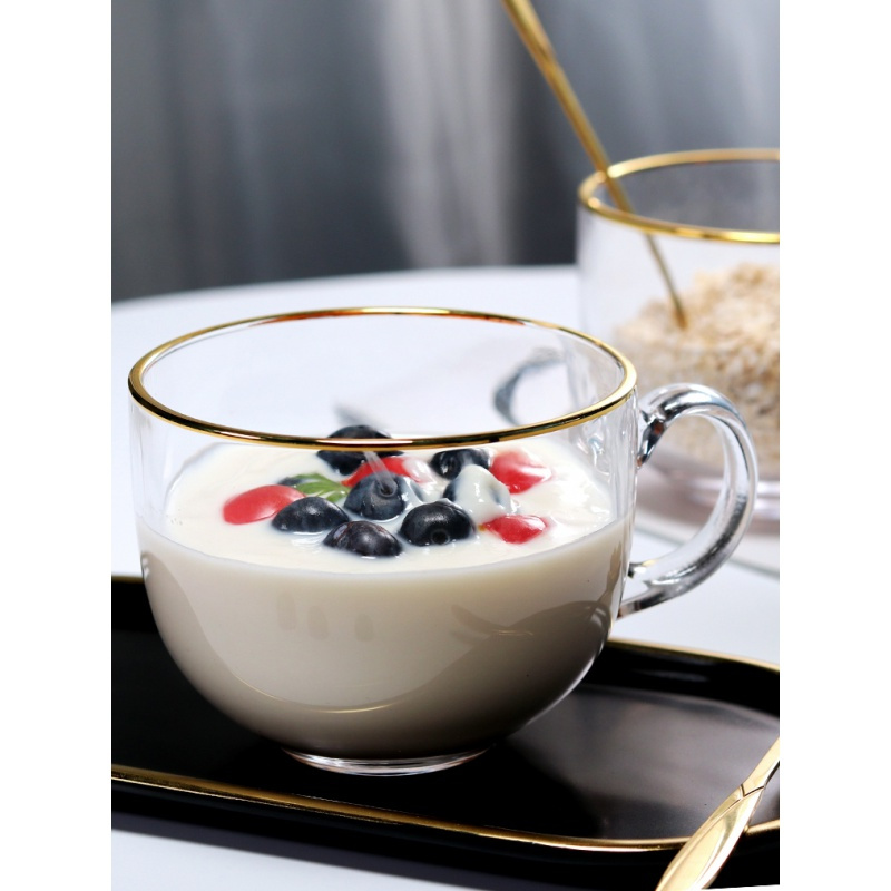 家用玻璃杯ins金边大容量钢化玻璃早餐杯牛奶杯燕麦片杯酸奶咖啡杯带