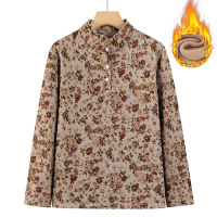 新款中老年女装冬季保暖妈妈装上衣加绒加厚内搭时尚印花冬季衣服 5XL(建议155-165斤） 咖碎花小衫