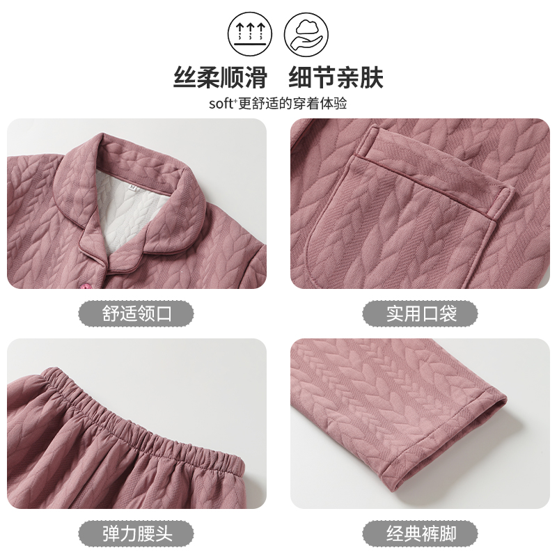 啄木鸟2024冬厚款夹棉睡衣女长袖夹层空气棉中老年大码爸爸家居厚高清大图