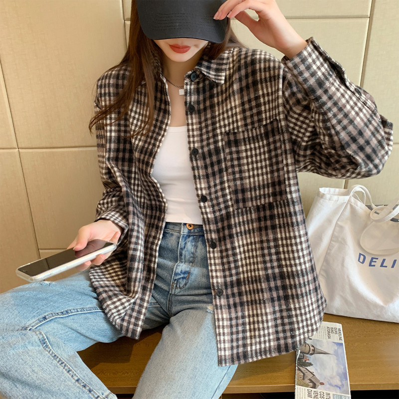 [1.5折价59元]唐狮冬季长袖格子衬衫女百搭磨毛休闲复古港风休闲上衣