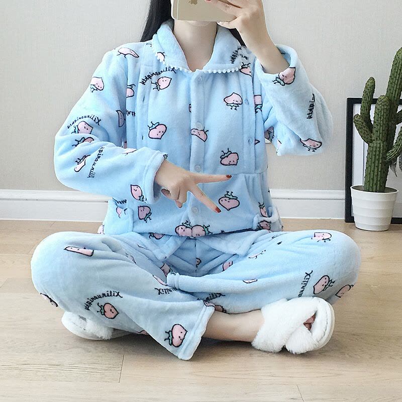 迪鲁奥(DILUAO)秋冬季月子服保暖加绒法兰绒孕妇睡衣珊瑚绒产后哺乳喂奶套装图片