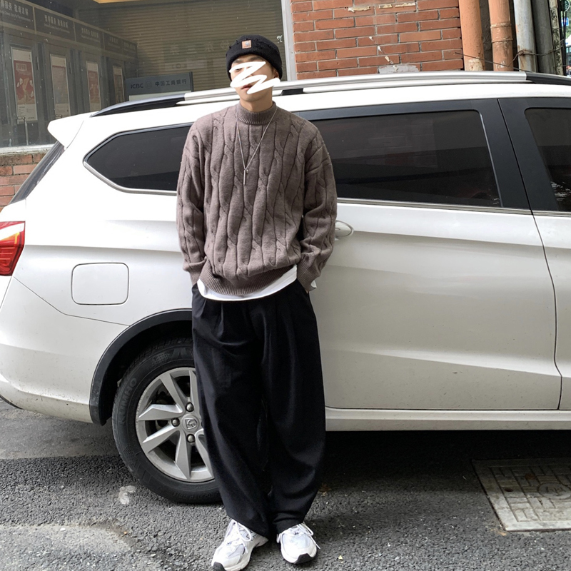 BaLuoShang冬季加厚半高领复古提花毛衣男潮牌衣服宽松针织衫情侣套头毛线衣毛衣