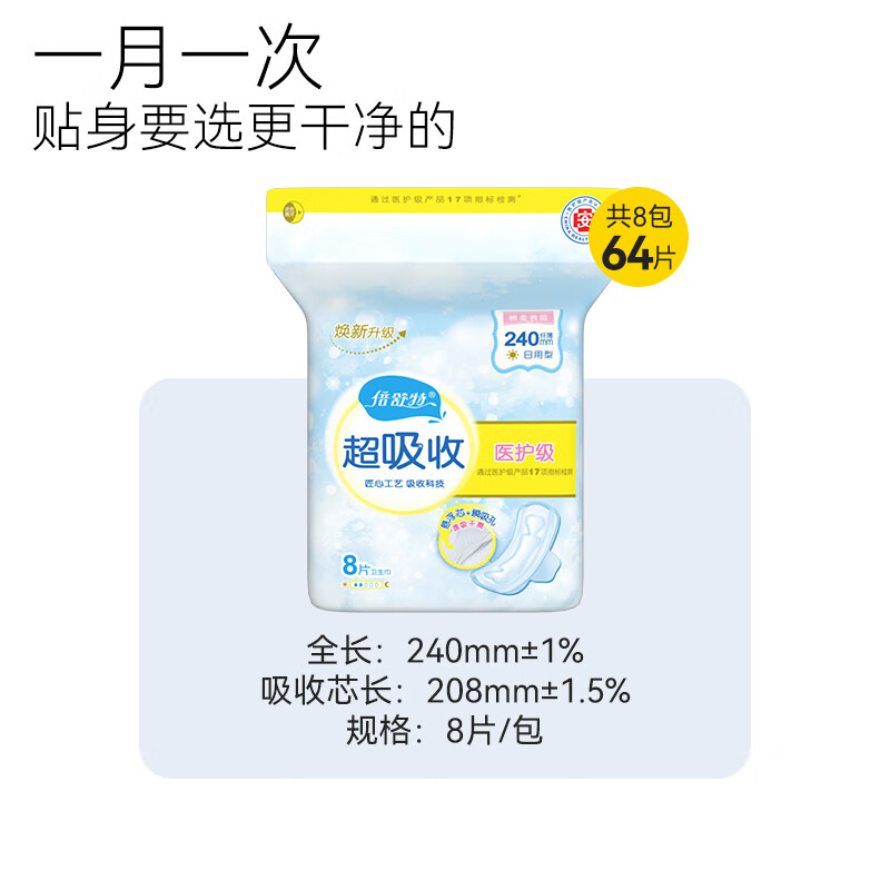 倍舒特 医护级超吸收卫生巾日用组合64片(240mm*8片*8包)棉柔瞬吸防漏 YH14108L8