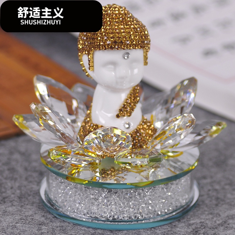 高档车载香水座陶瓷水晶莲花佛座水钻汽车内饰摆件除异味保平安