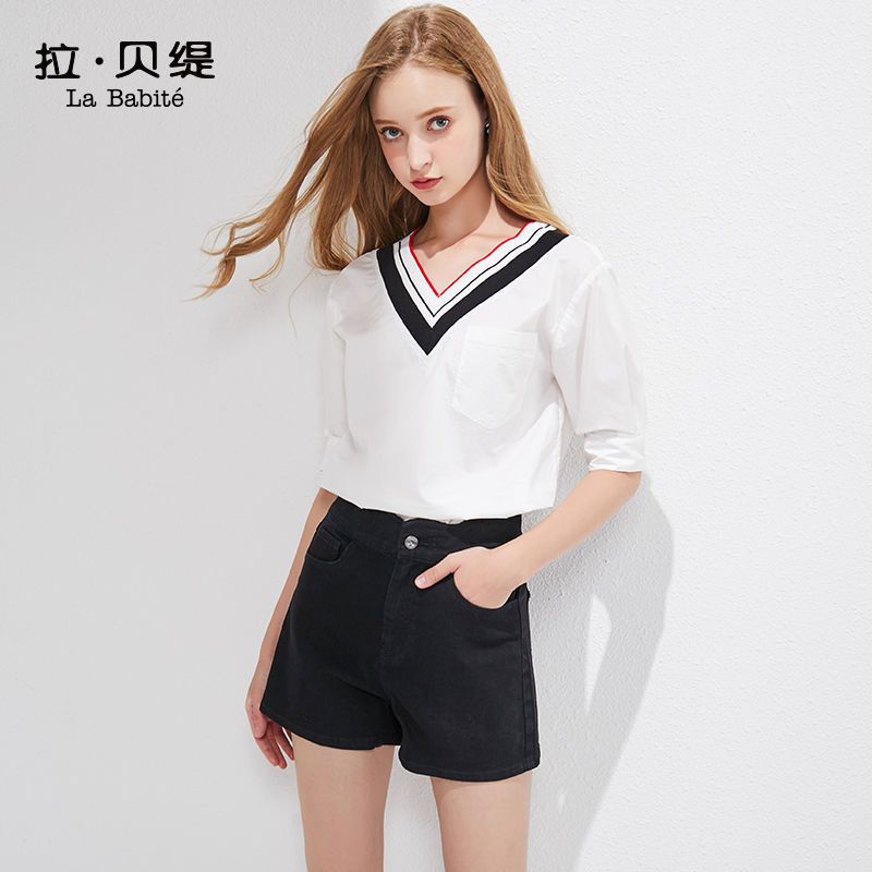 拉夏贝尔拉贝缇黑色牛仔短裤女夏季新款韩版高压显瘦火cec