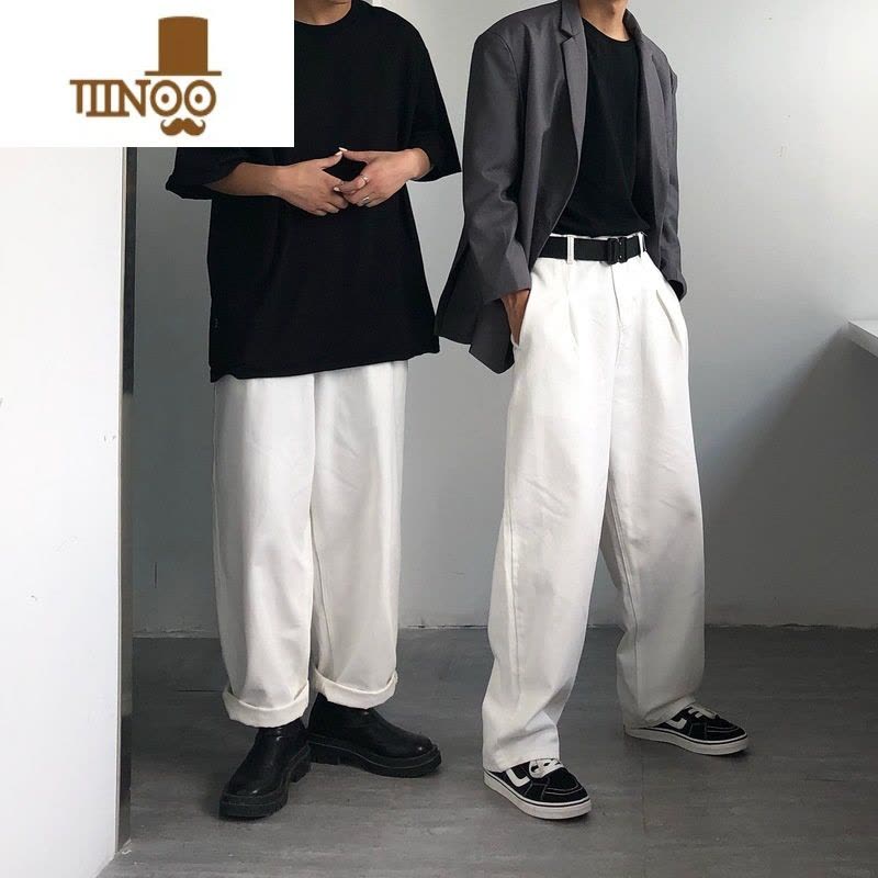 YANXU港风古着痞帅白色牛仔大码长裤男ins日系oversize宽松显瘦阔腿裤图片