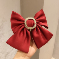 春季新款韩版蝴蝶结发夹方形带钻盘发顶夹后脑勺发卡森系弹簧夹 红色