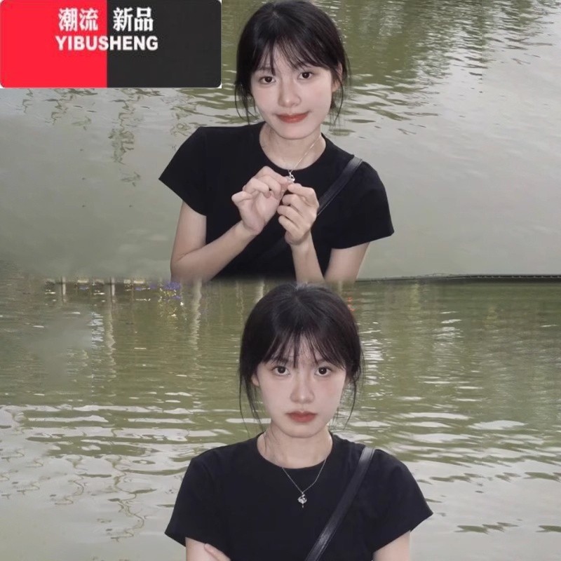 YIBUSHENG美式复古黑色正肩短袖t恤女季2024新款辣妹短款上衣设计感小0高清大图