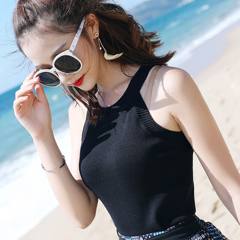 无袖针织带背心女夏短款外穿打底韩版性感露脐挂脖高端气质上衣黑色均码