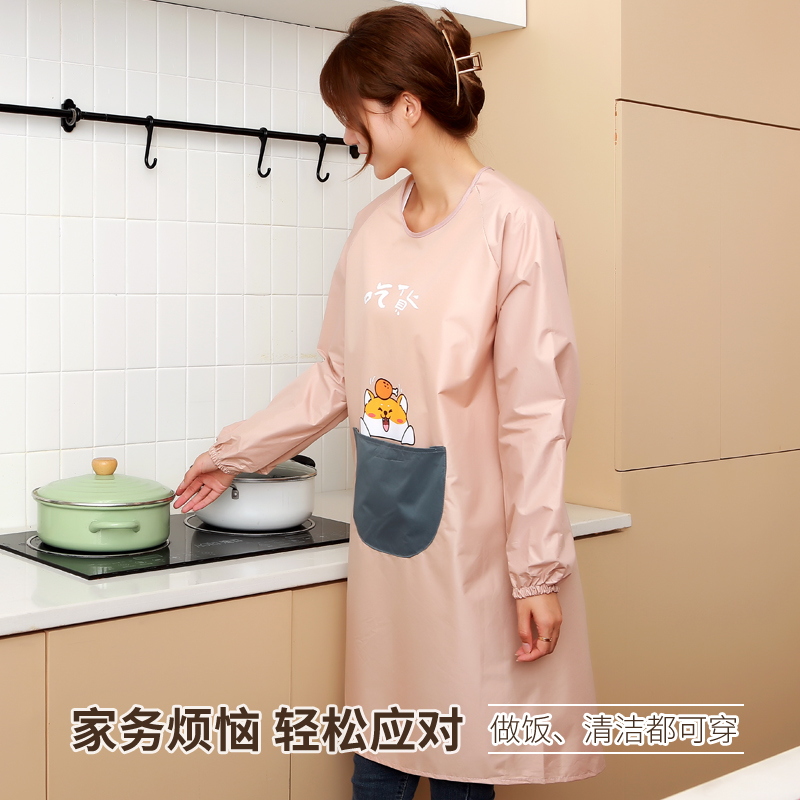围裙女长袖防水防油家用厨房工作服罩衣大人做饭家务围腰高清大图