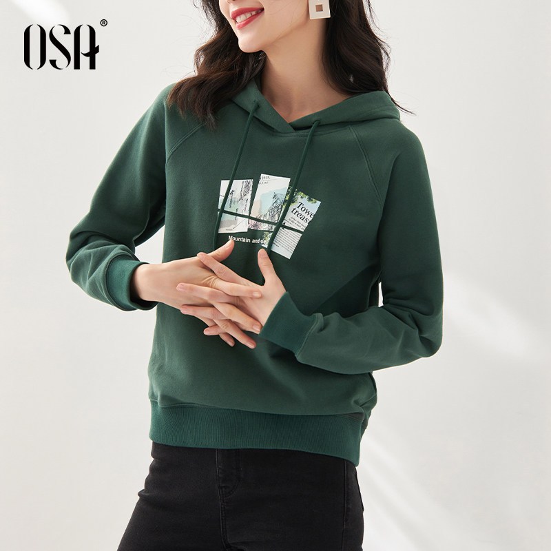 OSA欧莎加厚绿色连帽卫衣女2021年新款潮ins早秋装设计感小众上衣
