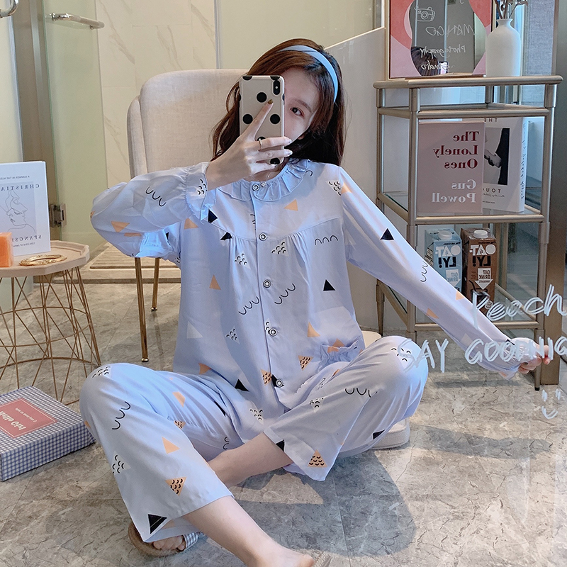 春秋绵绸睡衣女夏季薄款棉绸长袖人造棉月子服家居服套装空调服 湖蓝色 L(适合90-115斤)