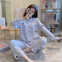 春秋绵绸睡衣女夏季薄款棉绸长袖人造棉月子服家居服套装空调服 湖蓝色 L(适合90-115斤)