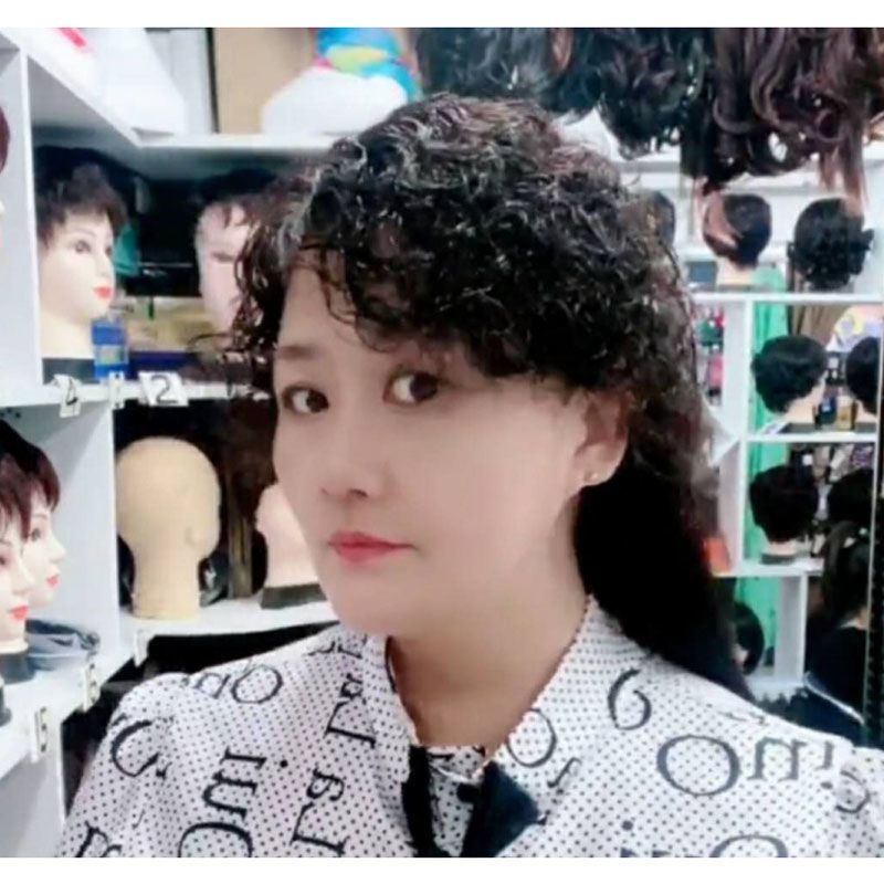时尚假发片头顶补发卷发真人发丝刘海遮白发假发片头顶补发片女 短卷假发黑色