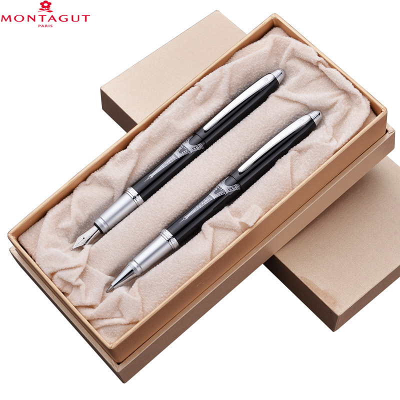 梦特娇(Montagut)黑丽雅钢笔+签字笔 0.5mm埃菲尔对笔 礼盒装签名笔 情侣笔 墨水笔 白领钢笔