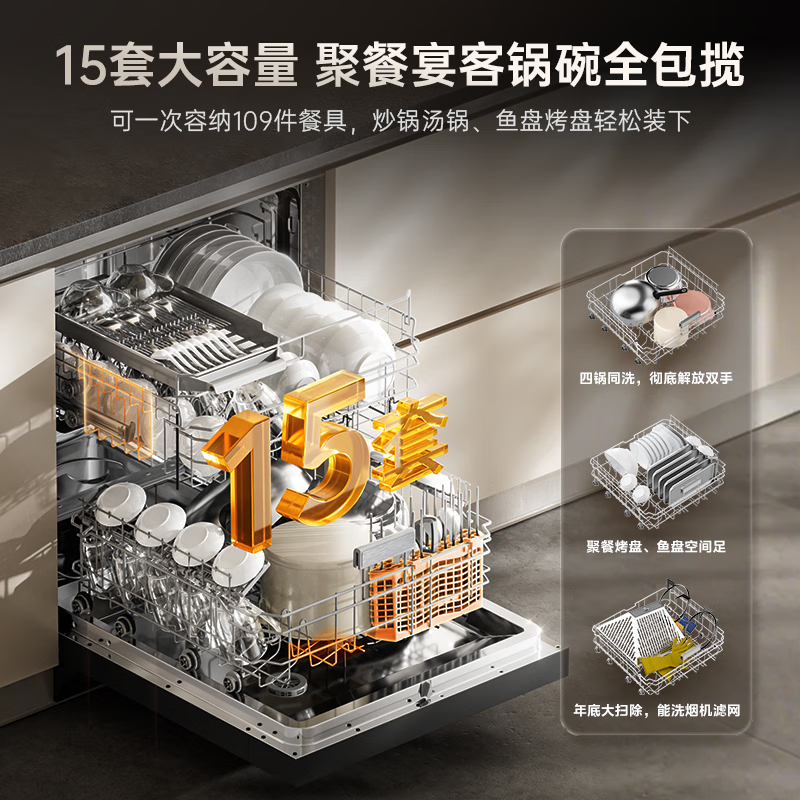美的RX600SMax 全嵌入式洗碗机家用全自动 15套大容量105℃热风烘干四星单独消毒一级水效高清大图