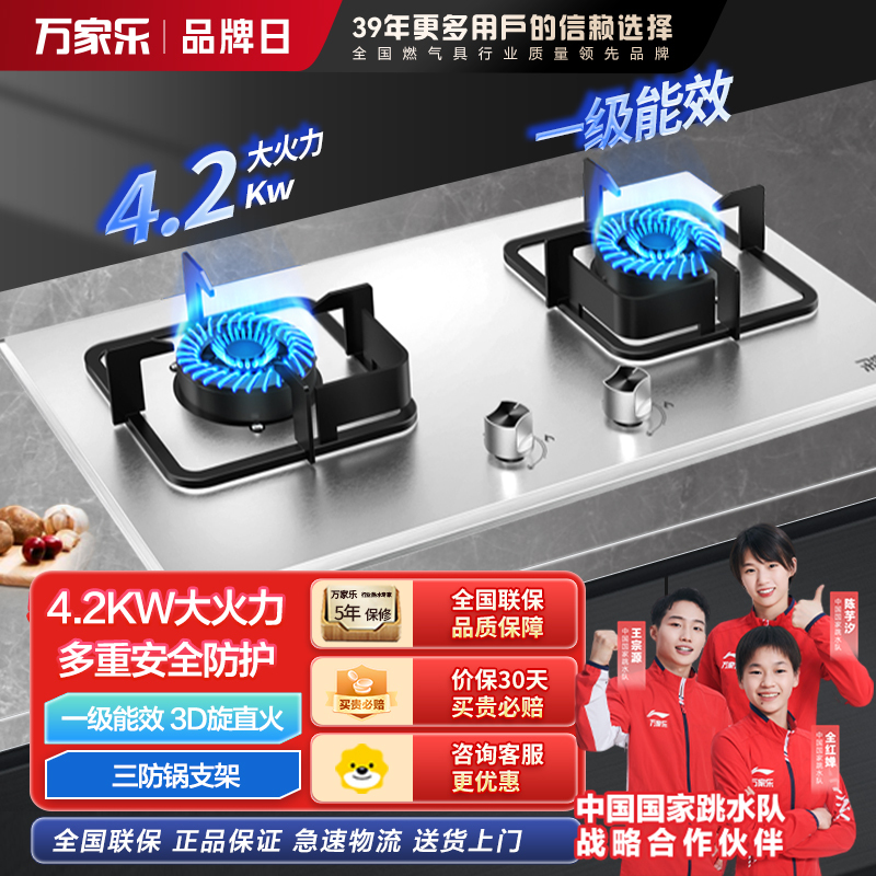 万家乐 燃气灶煤气灶灶台嵌两用灶具 4.2kw烈火燃气灶 煤气灶 不锈钢双灶嵌入式 液化气JZY-KA211