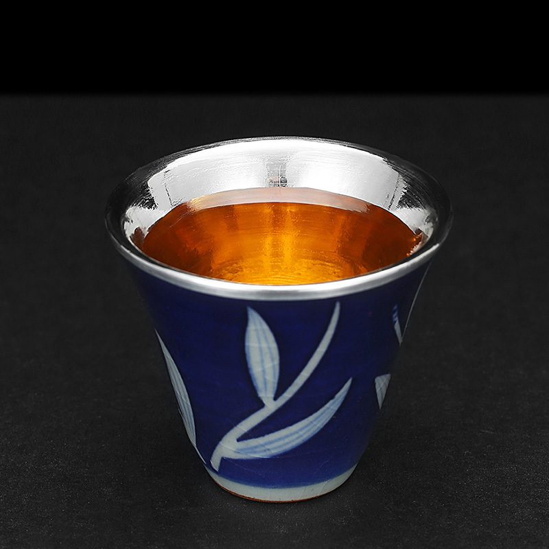 银斯妮999纯银茶杯主人杯单杯功夫银茶具陶瓷银杯建盏品茗杯家用茶碗